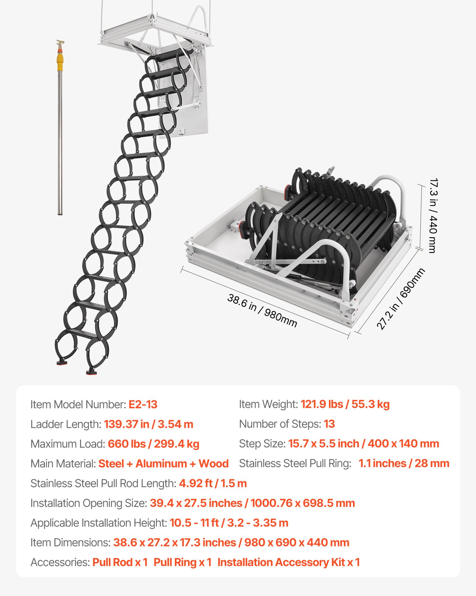 VEVOR Attic Ladder, 660LBS/299.4KG Capacity, Fits 10.5 to 11 ft Ceiling Height and 39.4 x 27.5 inch Opening Size, Alloy Steel Pull-Down Retractable Ceiling Stair with Pulling Rod for Attic Loft Roof