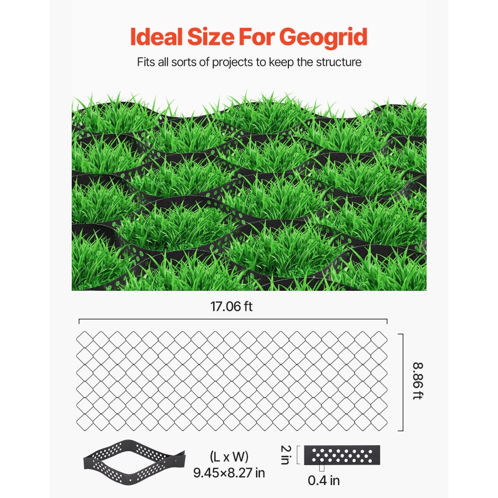 VEVOR Grindrooster, 50 mm diep, gazonrooster 5200 x 2700 mm, grind honingraat HDPE, honingraatrooster, doorlatend geogrid voor opritstabilisatie, voor tuin, terras, looppad, camperparkeerplaats