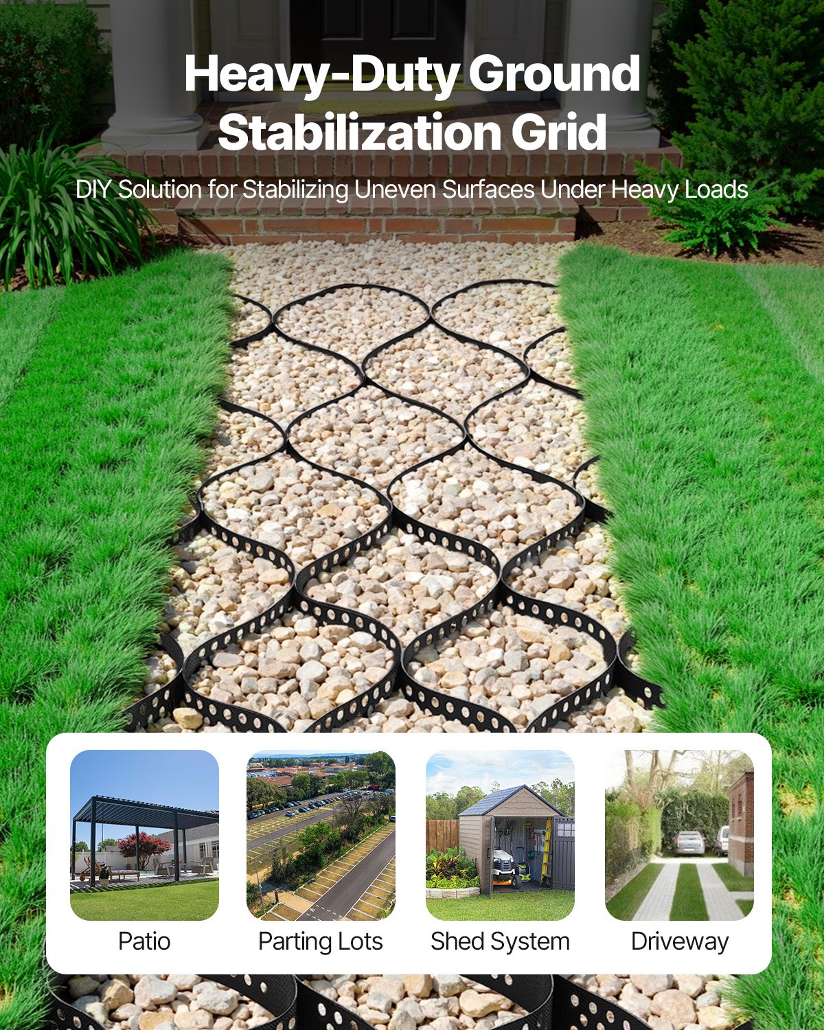 VEVOR grindrooster, 100 mm diep, grasrooster 5200 x 2700 mm, grind honingraat, honingraatrooster HDPE, waterdoorlatend geogrid voor stabilisatie van opritten, voor tuinen, terrassen, looppaden en camperparkeerplaatsen.