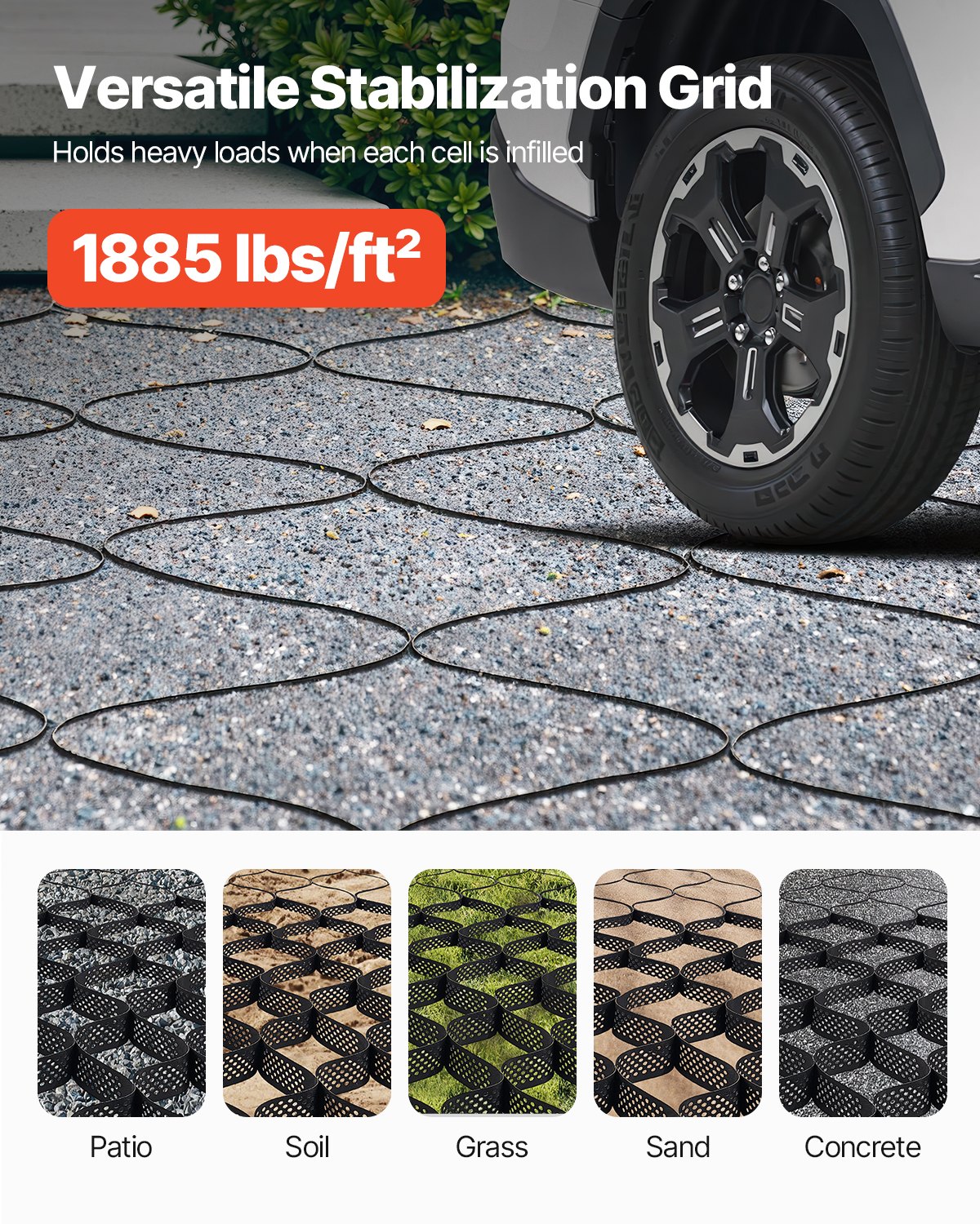VEVOR grindrooster, 100 mm diep, grasrooster 5200 x 2700 mm, grind honingraat, honingraatrooster HDPE, waterdoorlatend geogrid voor stabilisatie van opritten, voor tuinen, terrassen, looppaden en camperparkeerplaatsen.