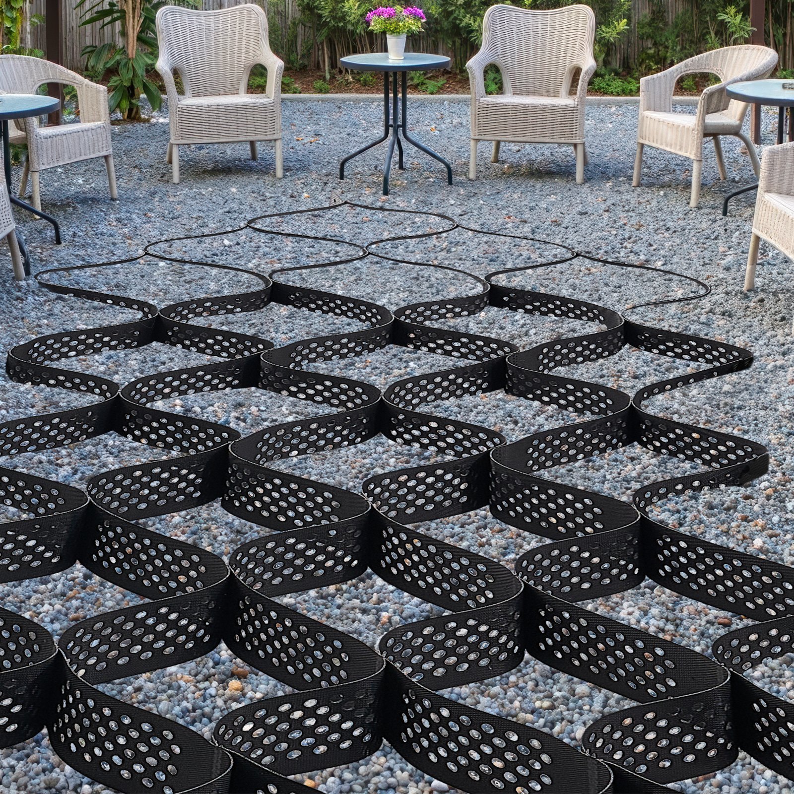 VEVOR grindrooster, 100 mm diep, grasrooster 5200 x 2700 mm, grind honingraat, honingraatrooster HDPE, waterdoorlatend geogrid voor stabilisatie van opritten, voor tuinen, terrassen, looppaden en camperparkeerplaatsen.