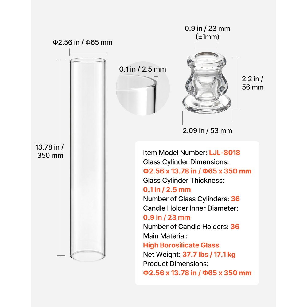VEVOR 36-delige glazen cilinderset voor kaarsen, stormlantaarns 65x350mm, kaarsenglazen van borosilicaatglas, bodemloze kaarsenkappen, windbestendige kaarsenhouders voor bruiloften, kerst en feestdecoraties
