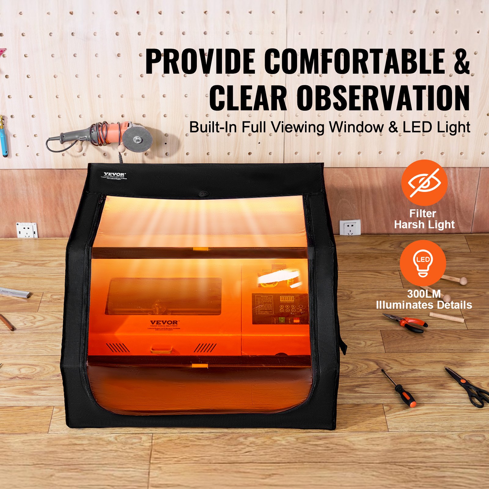 VEVOR Laser Engraver Enclosure, 31.5 x 31.5 x 19.6", Flame Retardant and Fireproof Protective Cover, with Exhaust Fan and Pipe, Insulates Smoke, Noise and Eye Protection, Fits for Most Laser Engraver