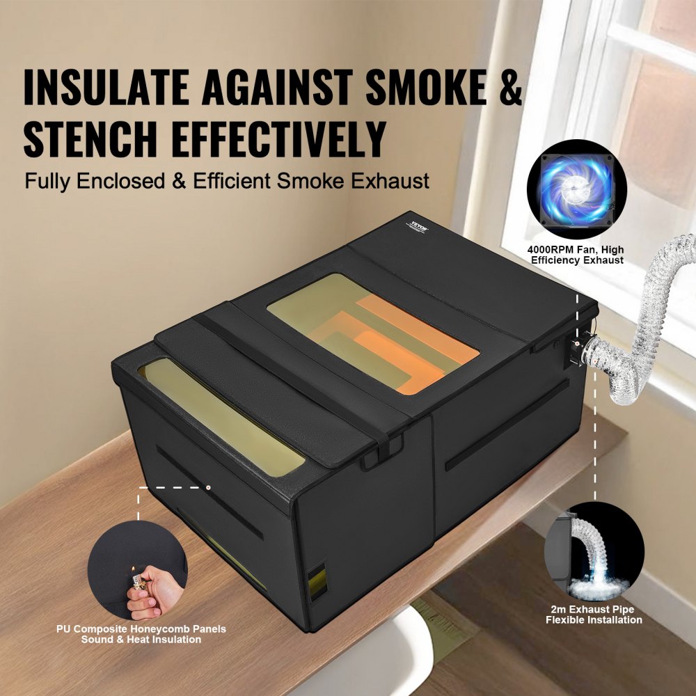 VEVOR Laser Engraver Enclosure, 48 x 31.5 x 19.6", Dual-Direction Viewing, Flame Retardant and Fireproof Protective Cover, with Exhaust Fan and Pipe, Insulates Smoke, Noise and Eye Protection