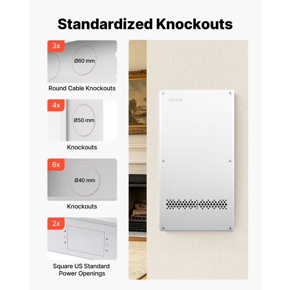 VEVOR inbouw communicatieverdeler, 71 cm (28 inch), gemaakt van koudgewalst staal, multimediaverdeler met afneembaar frontpaneel, uitsparingen en kabelwartels voor routers, modems en AV-apparaten.