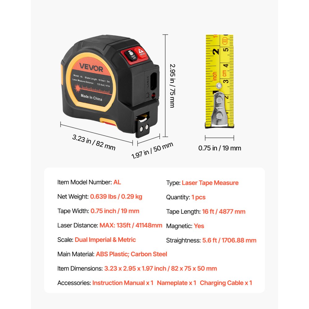 VEVOR 2-in-1 Laser Tape Measure, 41m Rechargeable Laser Measurement Tool & 4.8m Measuring Tape with Magnetic, 4 Modes-Length, Area, Volume, Continuous,ft/in/m/ft+in Unit,for Outdoor,Decoration