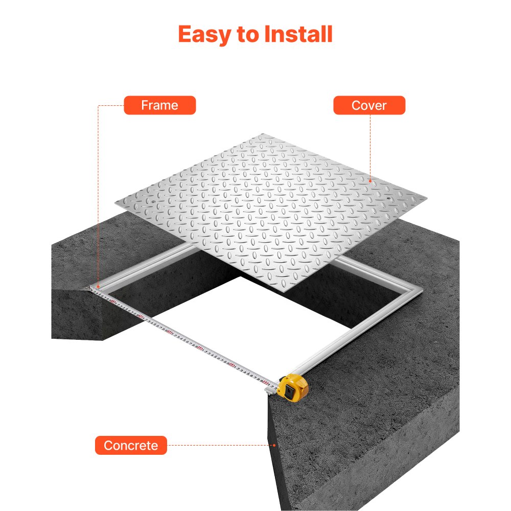 VEVOR putdeksel met frame 50 x 50 cm, vierkant putdeksel, septische tankdeksel, zwaar uitgevoerde antislip gootdeksel van koolstofstaal voor afwateringskanalen, voor looppaden, tuinen en erven.