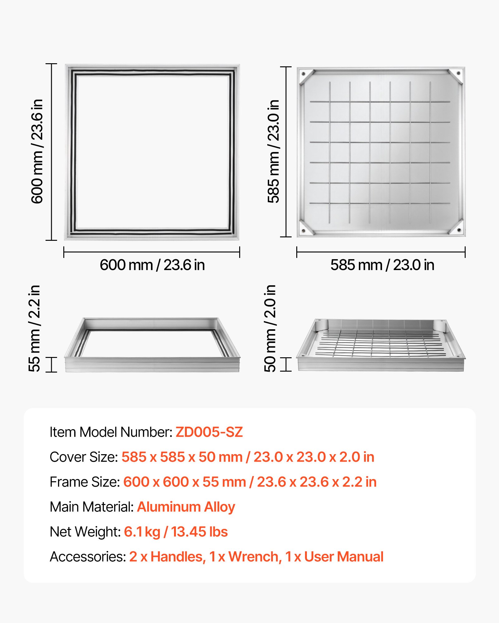 VEVOR Manhole Cover with Frame, 23.6 x 23.6 in (600 x 600mm) Invisible Recessed Septic Tank Access Covers, Aluminum Alloy Embedded Drain Channel Inspection Cover for Pavements Gardens Patios