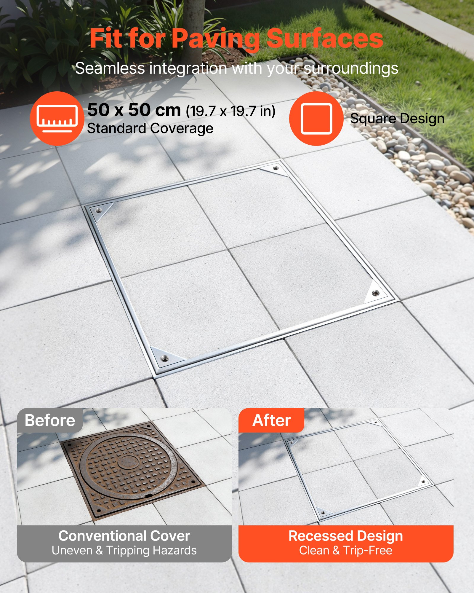 VEVOR putdeksel met frame 50 x 50 cm, onzichtbaar putdeksel, bestraatbare septictankdeksel van aluminiumlegering voor geïntegreerde afwatering op looppaden in tuinen en op terrassen.