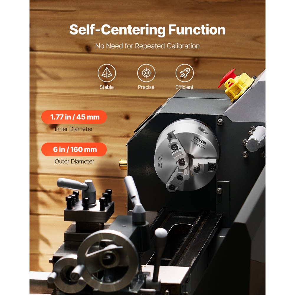 VEVOR 3-Jaw Lathe Chuck, 6 Inch (160 mm), Self-Centering Chuck with 1 1/2 in-8 Threaded Backing Plate, 0.12-5.71 in (3-145 mm) Clamping Range with T-wrench Screws, HT300 Material, for Wood Metal Lathe