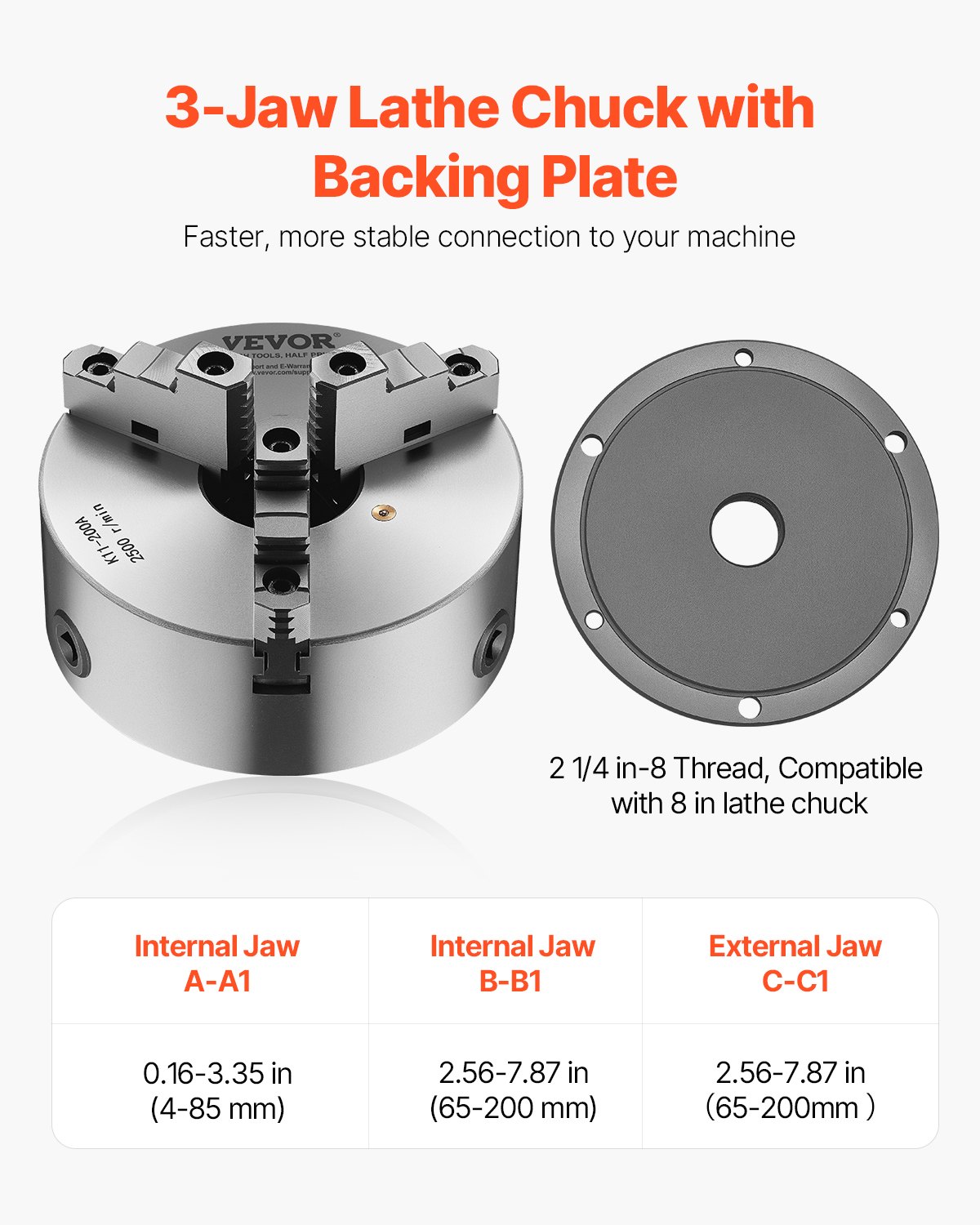 VEVOR 3-Jaw Lathe Chuck, 8 Inch (200 mm), Self-Centering Chuck with 2 1/4 in-8 Threaded Backing Plate, 0.16-7.87 in (4-200 mm) Clamping Range with T-wrench Screws, HT300 Material, for Wood Metal Lathe