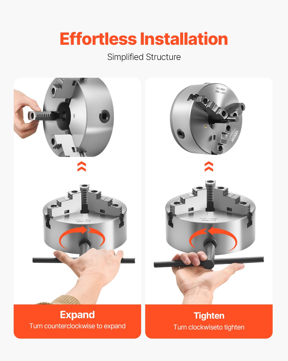 VEVOR 3-Jaw Lathe Chuck, 8 Inch (200 mm), Self-Centering Chuck with 2 1/4 in-8 Threaded Backing Plate, 0.16-7.87 in (4-200 mm) Clamping Range with T-wrench Screws, HT300 Material, for Wood Metal Lathe