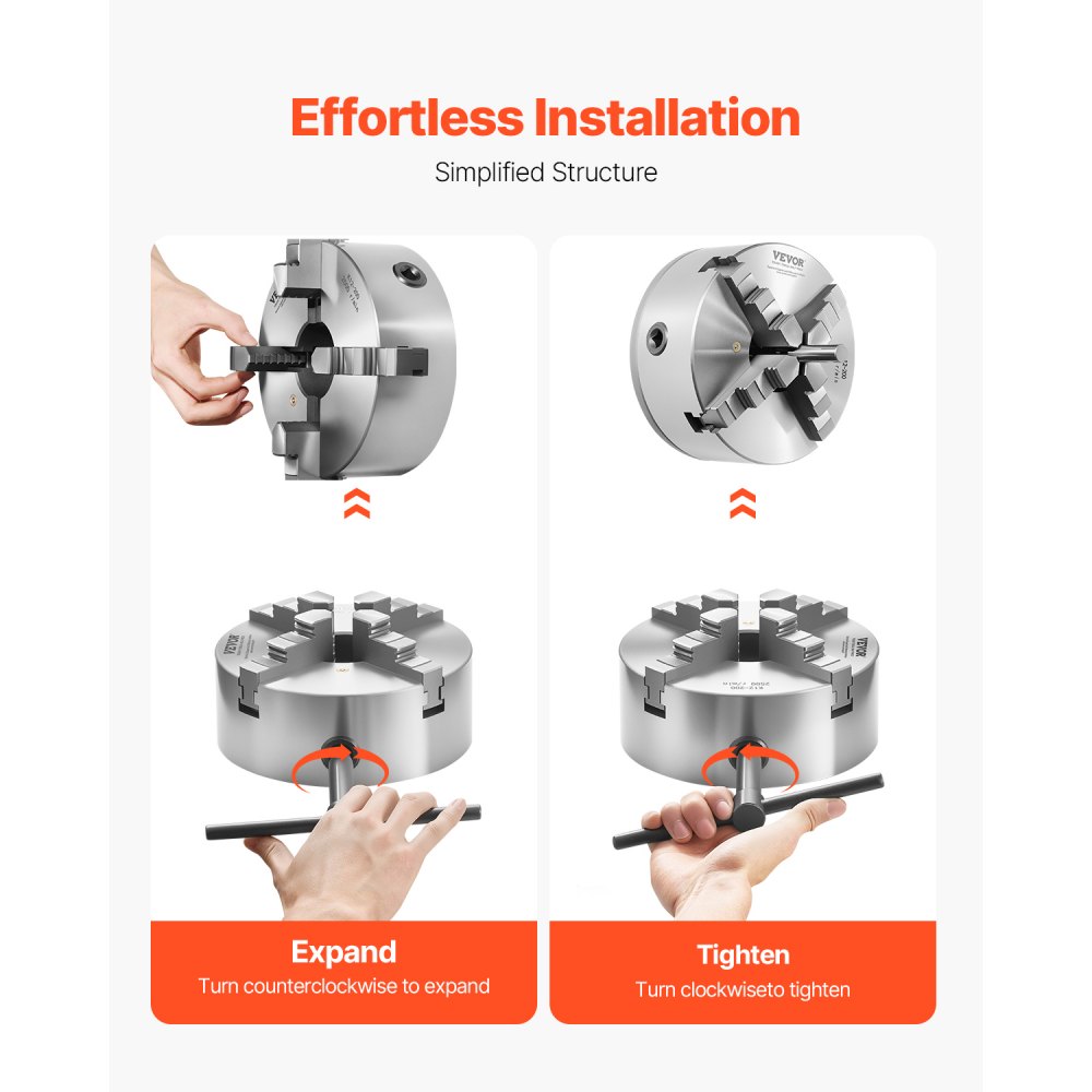 VEVOR 4-Jaw Lathe Chuck, 8 Inch (200 mm), Self-Centering Chuck with 1 1/2 in-8 Threaded Backing Plate, 0.16-7.87 in (4-200 mm) Clamping Range with T-wrench Screws, HT300 Material, for Wood Metal Lathe