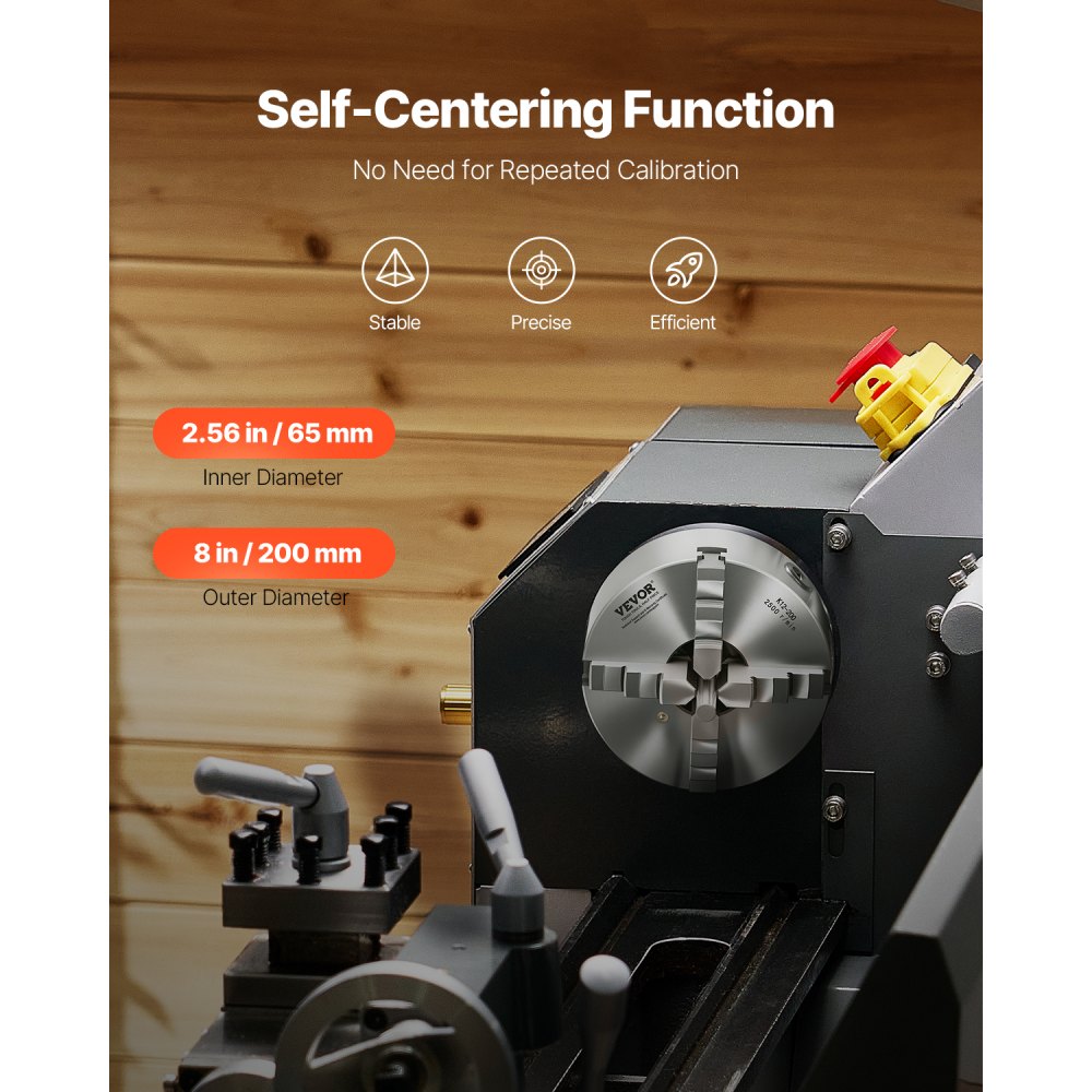 VEVOR 4-klauwplaat, φ200 mm, zelfcentrerende klauwplaat met 38,1 mm 8-draads steunplaat, klembereik 4-200 mm met T-sleutelschroeven, materiaal HT300, voor hout-/metaaldraaibanken