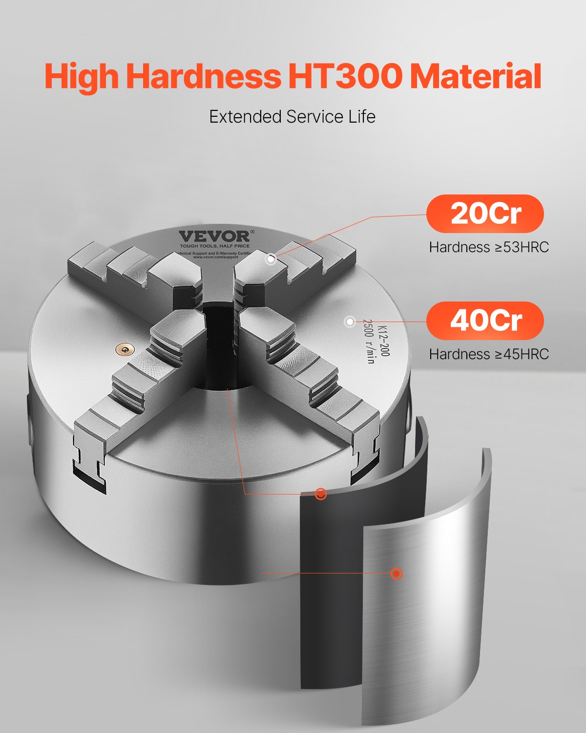 VEVOR 4-klauwplaat, φ200 mm, zelfcentrerende klauwplaat met 38,1 mm 8-draads steunplaat, klembereik 4-200 mm met T-sleutelschroeven, materiaal HT300, voor hout-/metaaldraaibanken