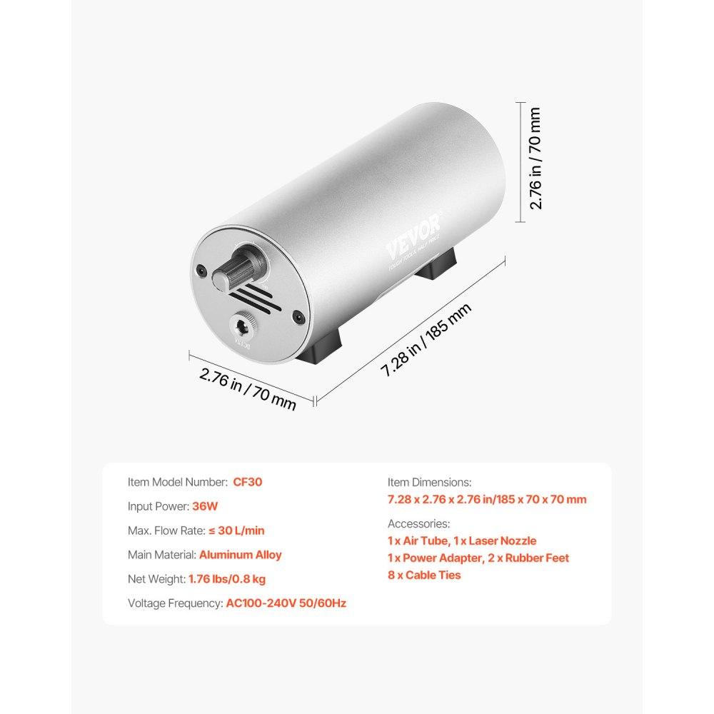 VEVOR Air Assist, Adjustable 30 L/min Airflow, Air Assist Pump Kit for Laser Cutter and Engraver, Clear Smoke and Dust, Reduce Surface Temperature, Shield Laser Lens, for Laser Engraver ≥ 20W