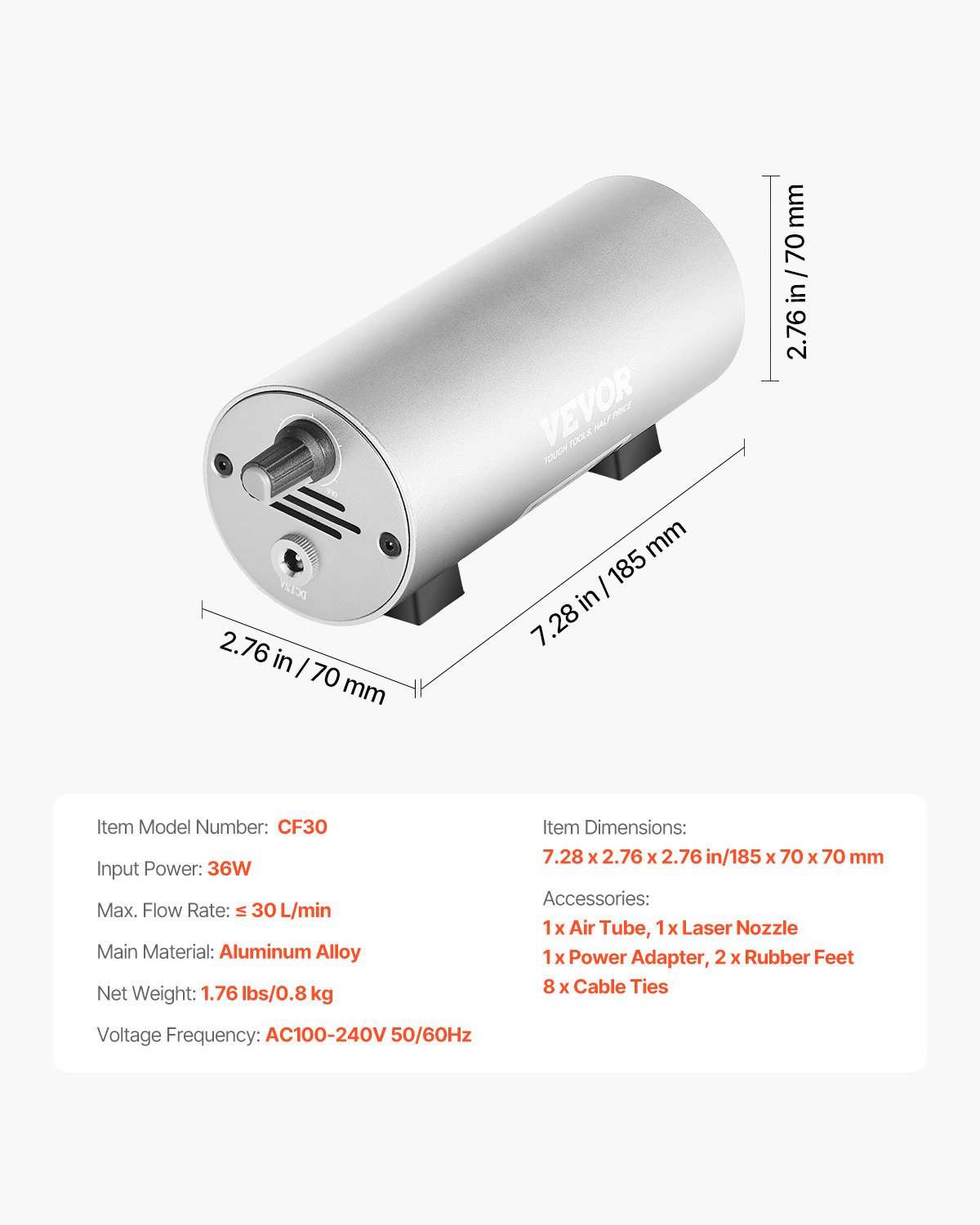 VEVOR Air Assist, Adjustable 30 L/min Airflow, Air Assist Pump Kit for Laser Cutter and Engraver, Clear Smoke and Dust, Reduce Surface Temperature, Shield Laser Lens, for Laser Engraver ≥ 20W