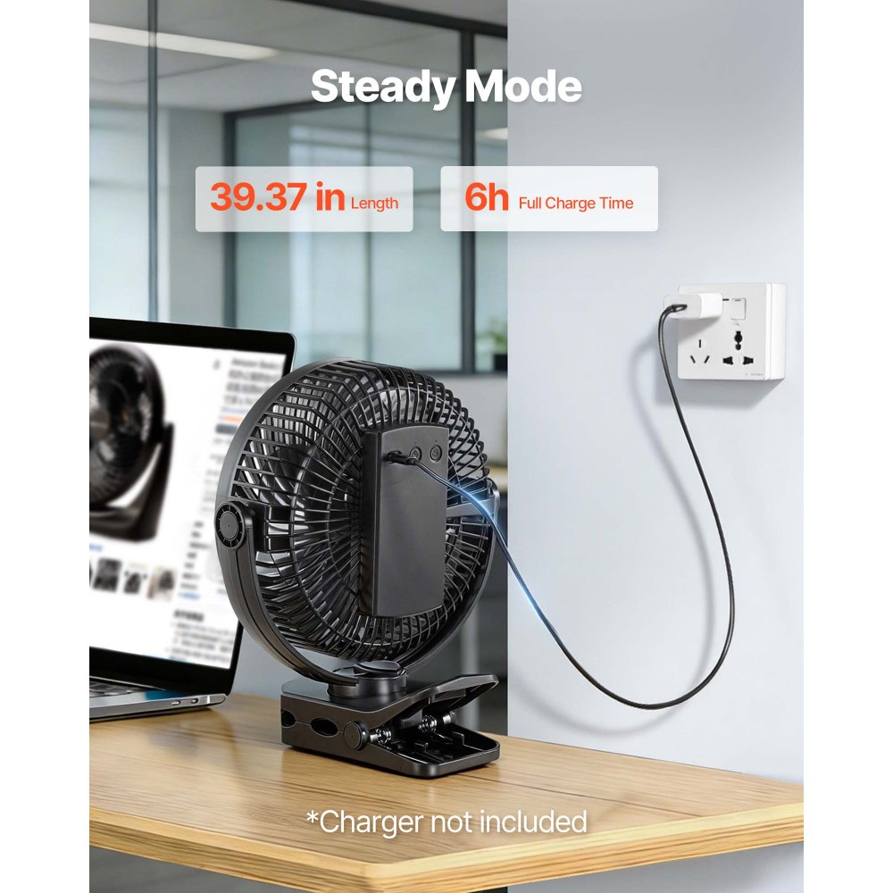 VEVOR Mini Clip-on Ventilator, USB-aangedreven bureauventilator, 3 snelheidsstanden en circulatiestand, circulatieventilator voor bureau, golfkar, kamperen, loopband, zwart