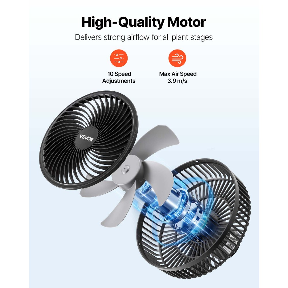 VEVOR Plant Fan, Grow Tent Clip On Fan Rechargeable, USB Port with 9 Speeds & Circulation Mode, Smart Control, Powerful Oscillating, Long Runtime for Hydroponics Circulation Cooling, Black, 1 Pack