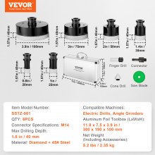 VEVOR Diamond Core Drill Bit Set, 6 PCS 20/25/35/50/75/100mm Diamond Hole Saw Kit, with Finger Milling Bit Cone Bit Saw Blade and Storage Case for Dry and Wet, Diamond Drill Bits for Tile Ceramic