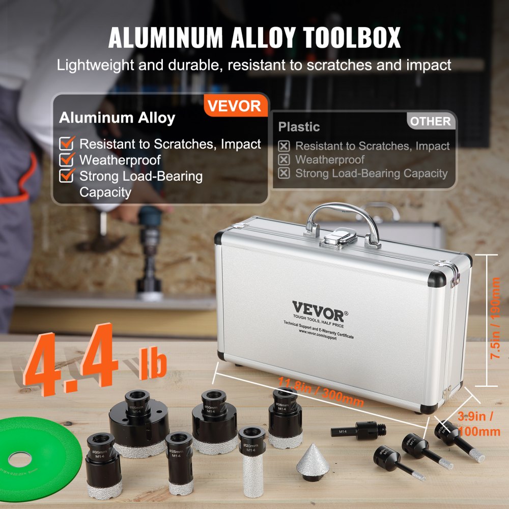 VEVOR Diamantboorset, 8-delige 6/8/10/25/35/38/50/65 mm diamantgatzaagset met vingersnijder, conusboor, zaagblad en opbergkoffer voor droge en natte diamantboor