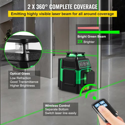 VEVOR Laserniveaukit 8 Groen Lijnen 2x360° Zelfnivellerende Kruislijn Pulsmodus