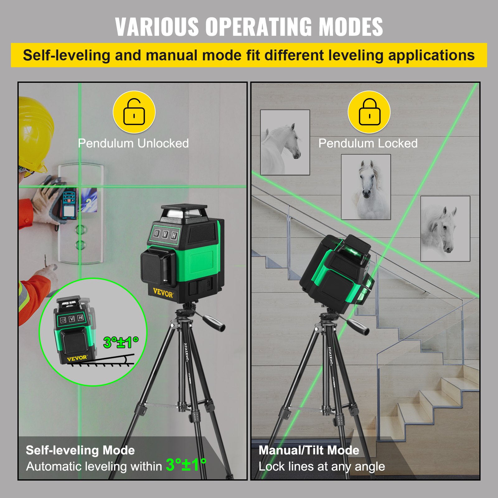 VEVOR Bouw Laser Roterende Laser Laser Waterpas Kruislijn Laser Laserniveaukit 8 Groen Lijnen 2x360° Zelfnivellerende Kruislijn Pulsmodus