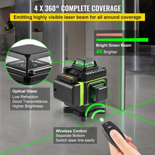 VEVOR Laserniveau Kruislijnlaser 16 Lijnen Groen Zelfnivellerende 4 x 360°