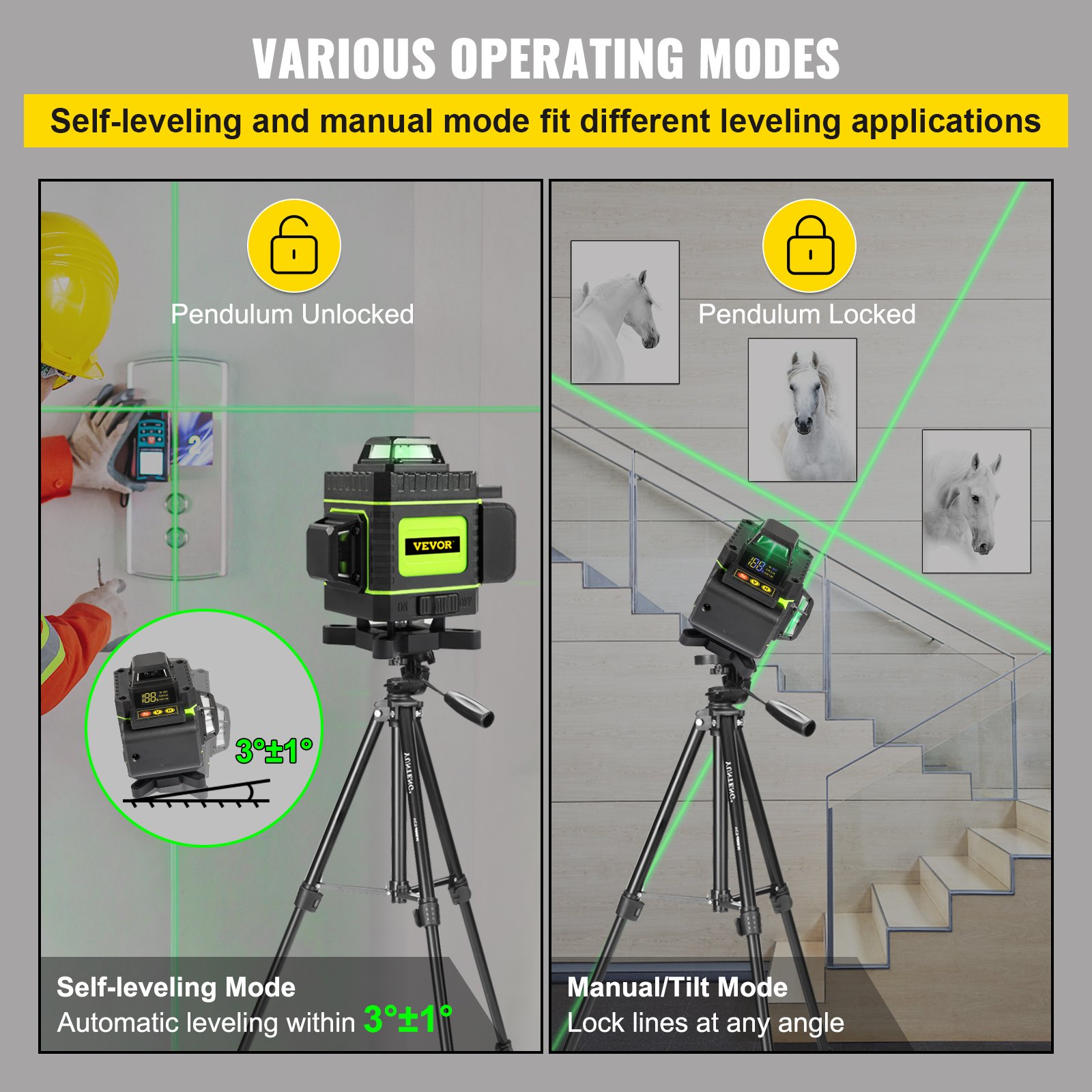 VEVOR Bouw Laser Roterende Laser Laser Waterpas Kruislijn Laser Laserniveau Kruislijnlaser 16 Lijnen Groen Zelfnivellerende 4 x 360°