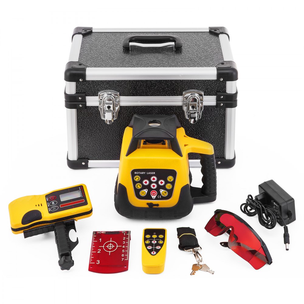 VEVOR Red Professional Rotary Laser Max. werkbereik 100 m, 360 graden roterende laserwaterpas Water- en stofdicht Buitenwerktijd 20 uur in koffer 2 kg Afstandsbediening Gele behuizing