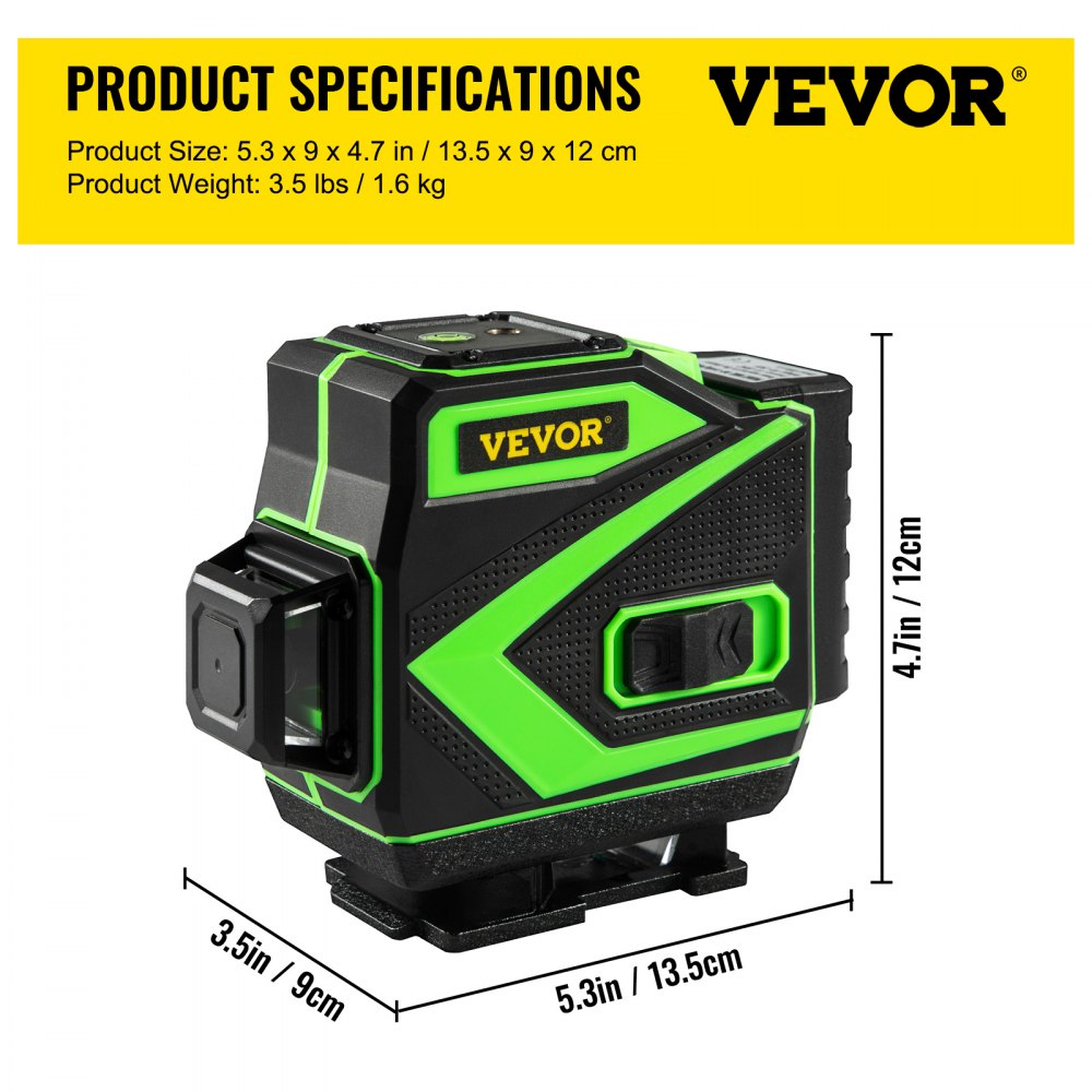 VEVOR Bouw Laser Roterende Laser Laser Waterpas Kruislijn Laser Laserniveaukit 12 Groene lijnen 3 x 360° Zelfnivellerende Kruislijn