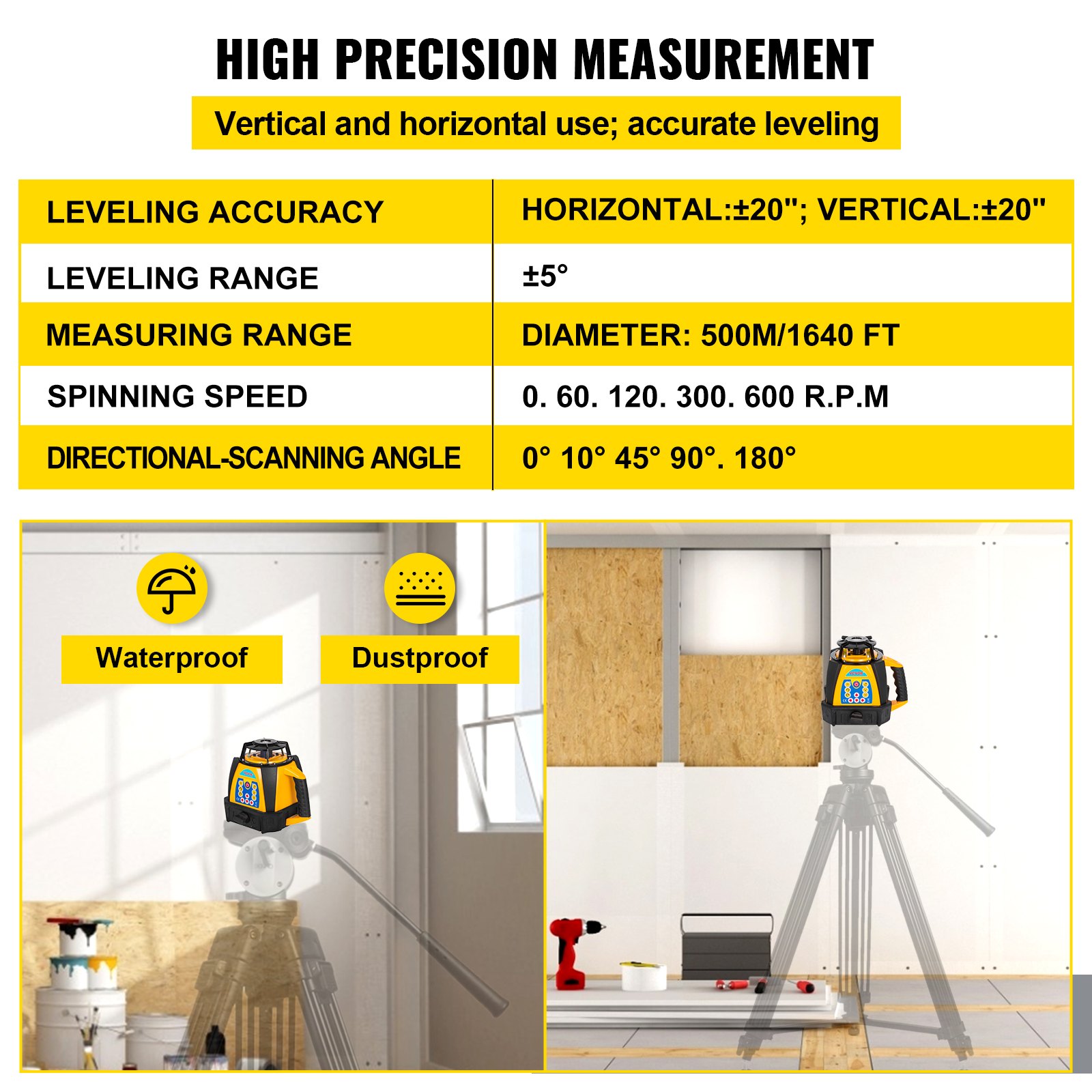 VEVOR 360° Self-Leveling Rotary Laser Level Kit Red Beams+ 1.65M Aluminum Tripod + 5M 5-Section Staff