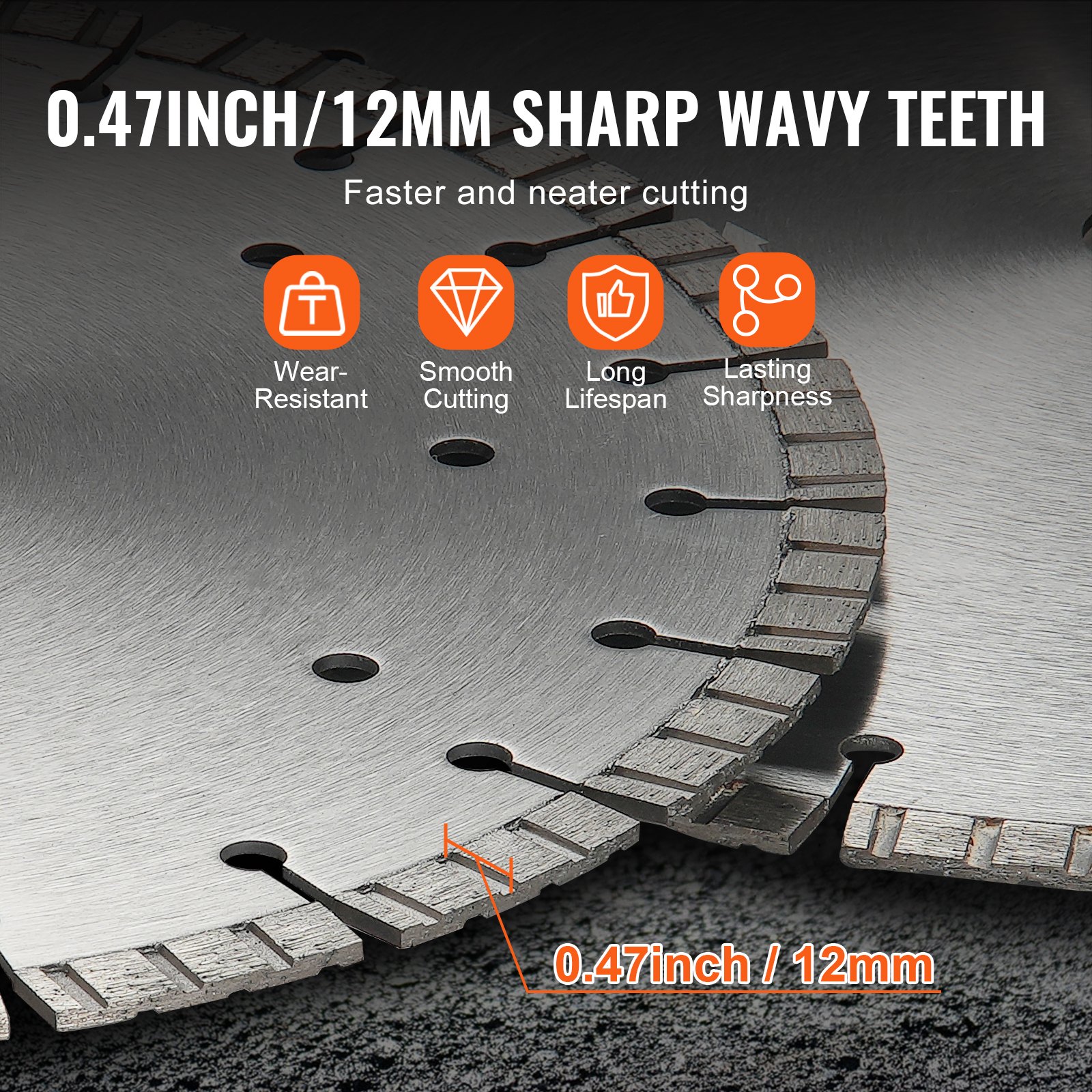 VEVOR Diamond Blade, 14inch/350mm Concrete Saw Blade Wet or Dry, 0.47inch/12mm Wavy Teeth Diamond Segment Blade, Universal 1 inch/25.4 mm Center Hole Diameter, for Concrete Cement Board Tile Brick