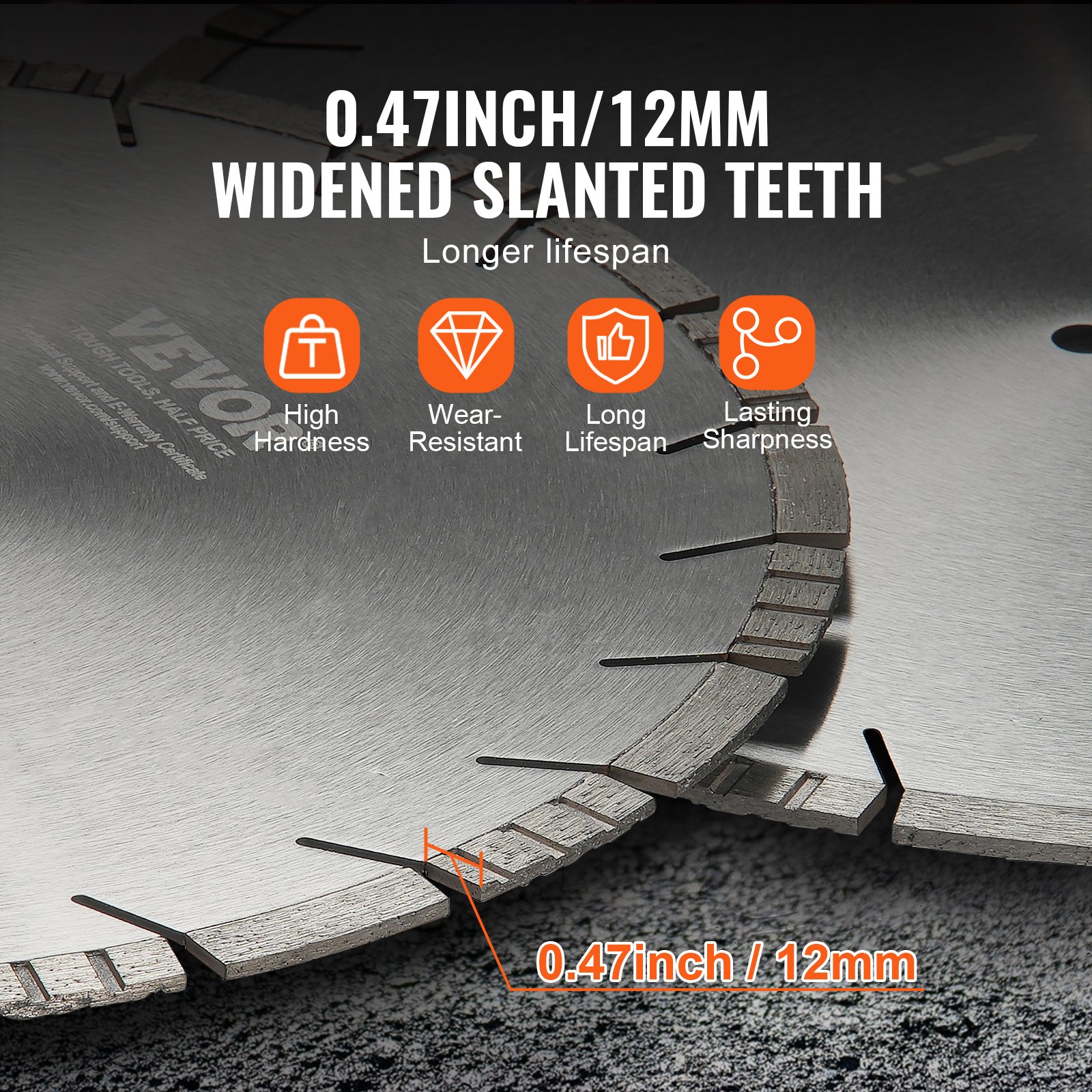 VEVOR Diamond Blade, 18inch/450mm Concrete Saw Blade Wet or Dry, 0.47inch/12mm Slanted Teeth Diamond Segment Blade, Universal 1 inch/25.4 mm Center Hole Diameter, for Concrete Cement Board Tile Brick