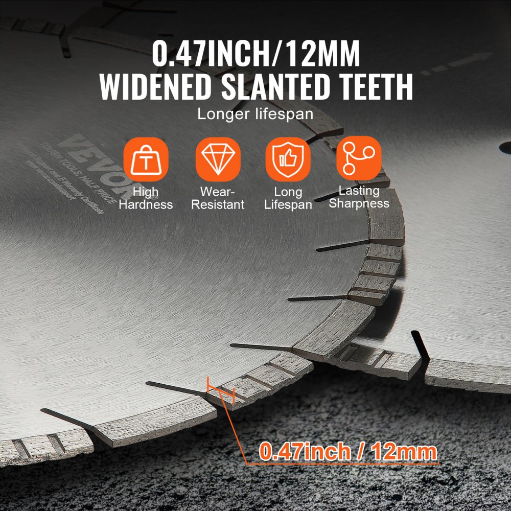 VEVOR Diamond Blade, 20inch/500mm Concrete Saw Blade Wet or Dry, 0.47inch/12mm Slanted Teeth Diamond Segment Blade, Universal 1 inch/25.4 mm Center Hole Diameter, for Concrete Cement Board Tile Brick