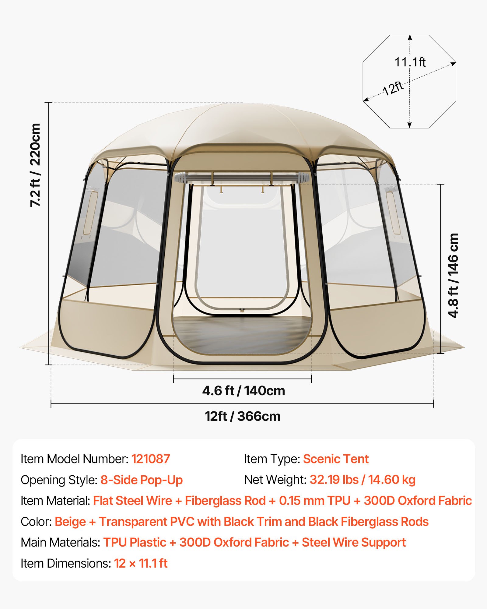 VEVOR Pop up Bubble Tent, 12 x 11.1 ft Waterproof & UV-Resistant, Clear Camping Tent Shelter, Outdoor Garden Dome Igloo Tents with Windows, 540° Panoramic View, for 10-12 Persons Patio Backyard