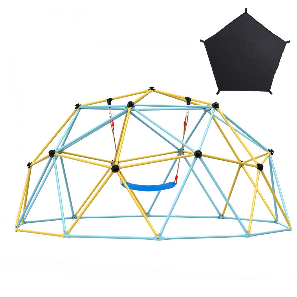 VEVOR climbing dome with yellow and blue frame, blue swing seat, and black pentagon canopy attachment.