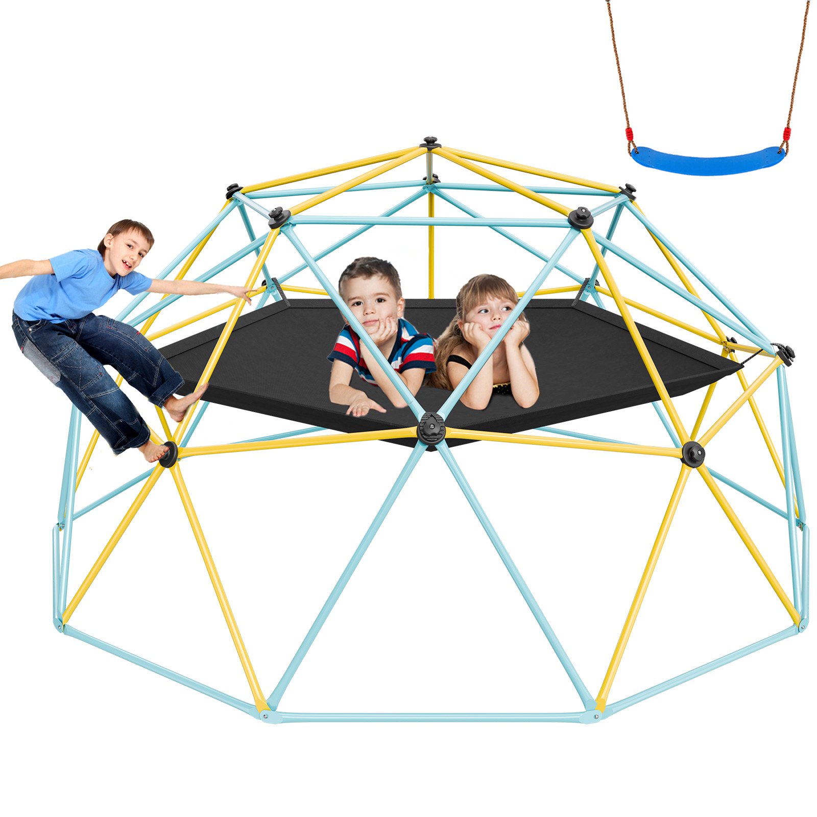 VEVOR Climbing Dome, 10FT Geometric Dome Climber with Hammock and Swing, for Kids 3 to 10 Years Old, Jungle Gym Supports 750LBS and Easy Assembly, with Climbing Grip, Outdoor Backyard Play Equipment