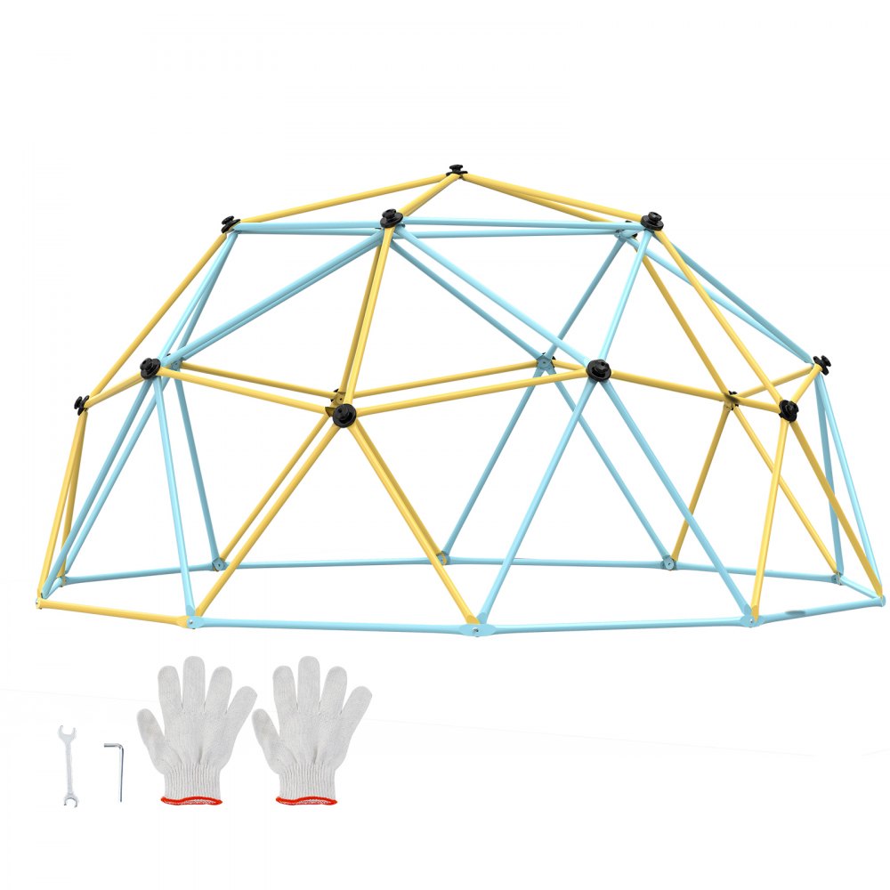 VEVOR climbing dome assembled with blue and yellow rods, shown with gloves and tools.