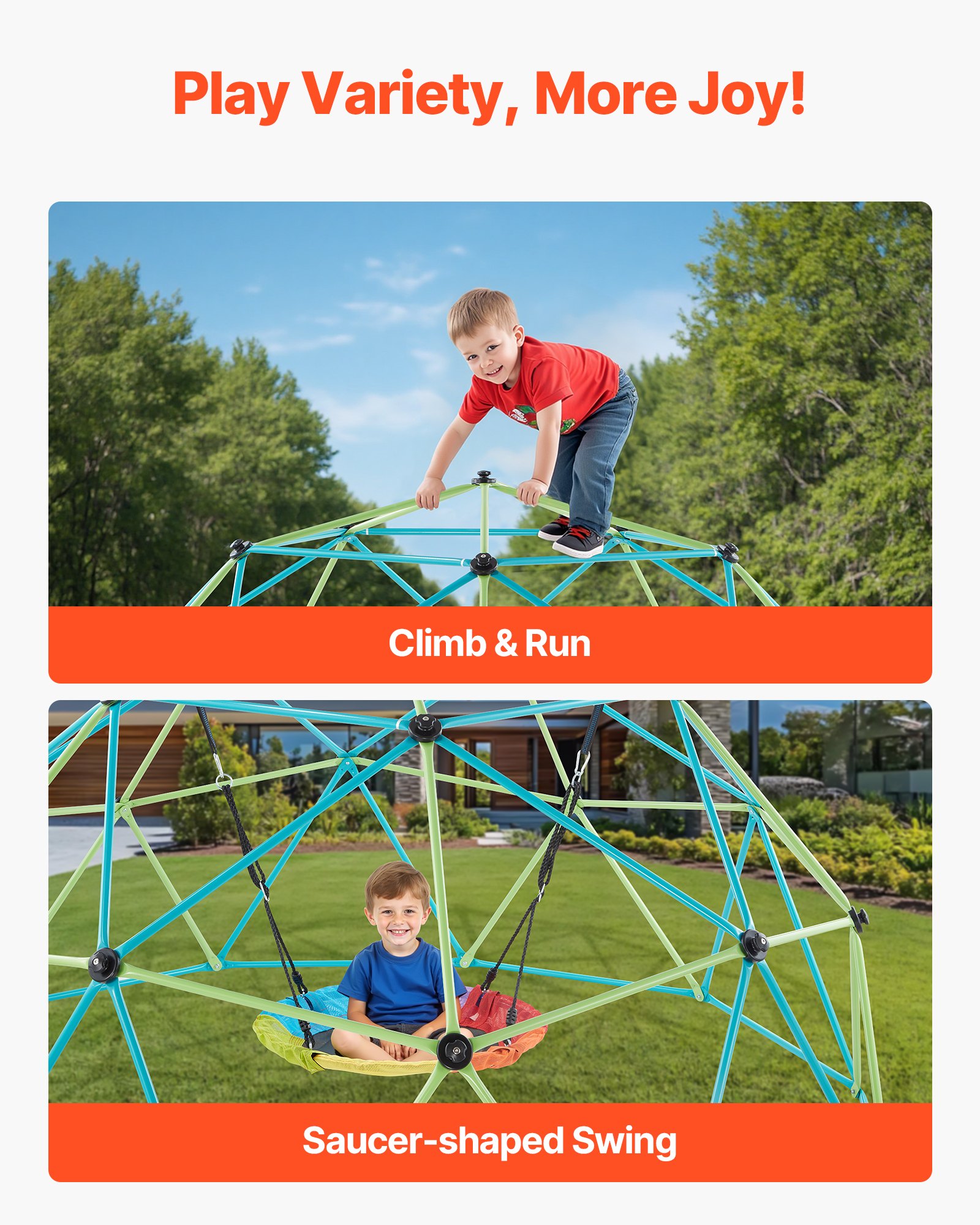 VEVOR Climbing Dome, 10FT Geometric Dome Climber with Saucer Swing, 1000LBS Loading Kid's Jungle Gym Playground, Easy-Assembly Outdoor Backyard Climbing Equipment for Boys Girls 3 to 10 Years Old