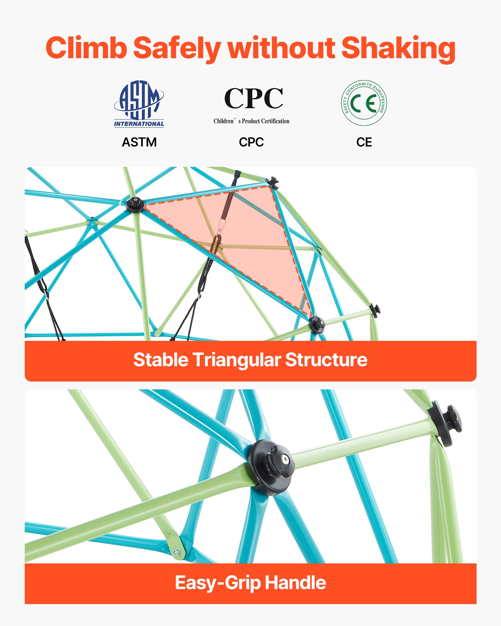 VEVOR Climbing Dome, 10FT Geometric Dome Climber with Saucer Swing, 1000LBS Loading Kid's Jungle Gym Playground, Easy-Assembly Outdoor Backyard Climbing Equipment for Boys Girls 3 to 10 Years Old