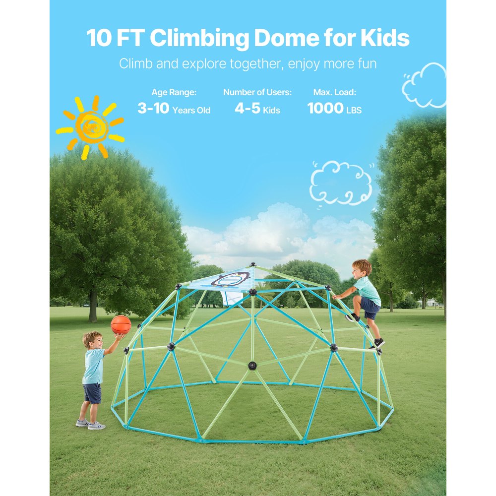 VEVOR Climbing Dome, 10FT Geometric Dome Climber for Kids, 1000LBS Loading Jungle Gym Playground with Octopus Net & 2 Basketballs, Easy-Assembly Outdoor Backyard Climbing Toys - Gift for Boys Girls