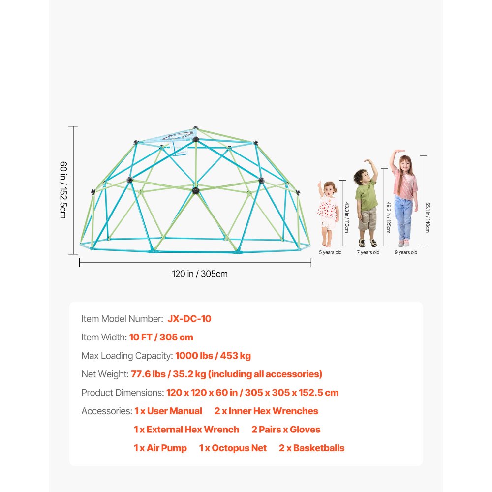 VEVOR Klimkoepel Geometrisch Klimrek (305 cm breed) met handschoenen en 2 basketballen, draagvermogen 453 kg Klimrek, klimuitrusting voor kinderen van 3 tot 10 jaar Tuinspeelgoed