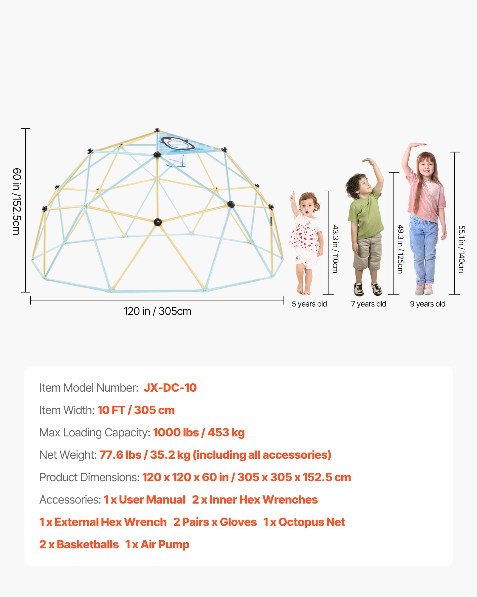 VEVOR Climbing Dome, 10FT Geometric Dome Climber, 1000LBS Loading Jungle Gym Playground with 2 Basketballs & Octopus Net, Easy-Assembly Outdoor Backyard Climbing Equipment for Kids 3 to 10 Years Old