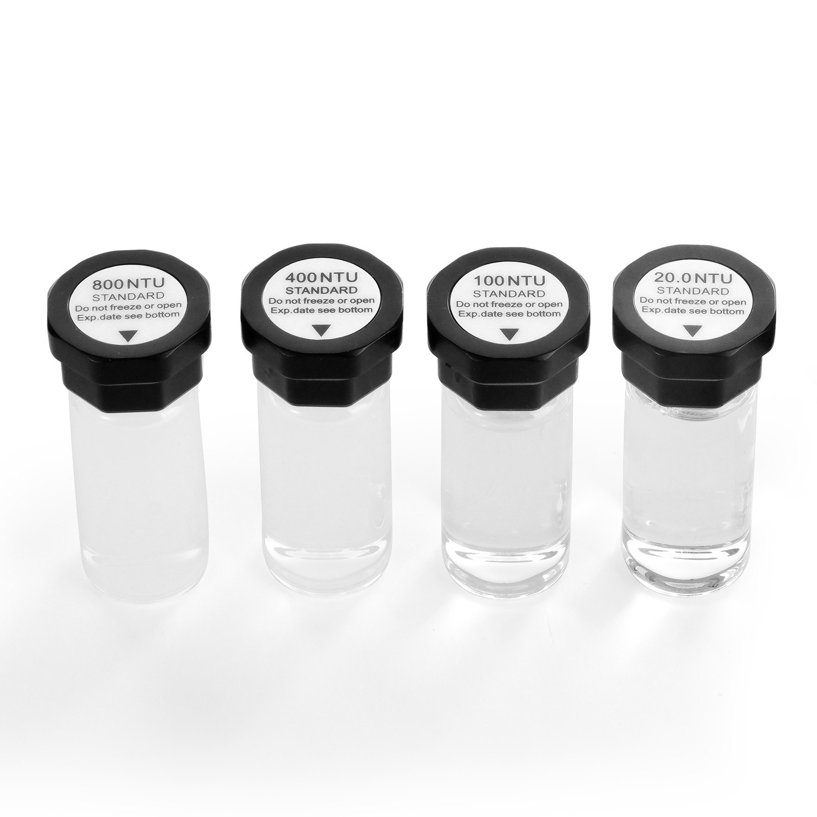 VEVOR Turbiditeitskalibratieoplossingkit 20/100/400/800 NTU, 20 ml per stuk, 4 stuks. Standaard troebelheidsoplossing navulling voor TN2000 troebelheidsmeter, schokbestendige bescherminzet, verzegeld flesontwerp.
