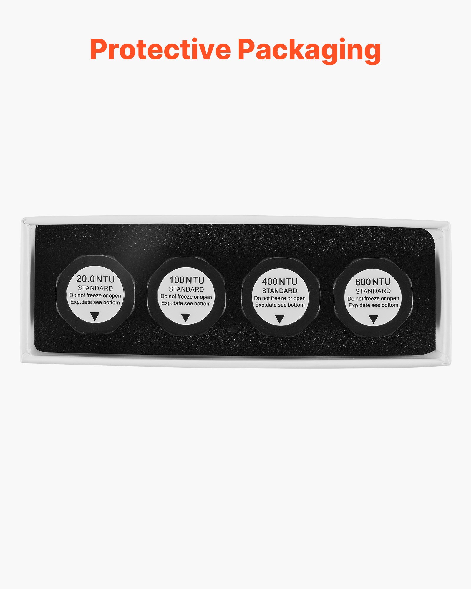 VEVOR Turbiditeitskalibratieoplossingkit 20/100/400/800 NTU, 20 ml per stuk, 4 stuks. Standaard troebelheidsoplossing navulling voor TN1000 troebelheidsmeter, schokbestendige bescherminzet, verzegelde fles.