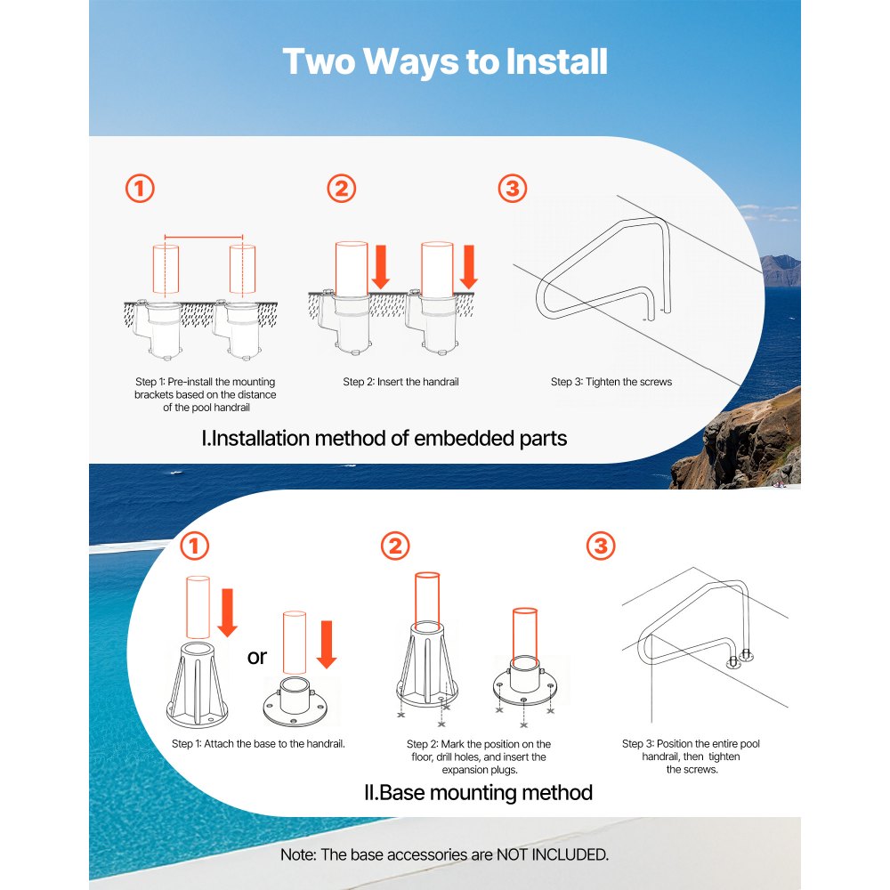 VEVOR Zwembadleuning, 1220x48x813 mm, draagvermogen 100 kg, roestvrijstalen handgreep, naadloos gelast, inbouwmontage, toegang tot zwembaden, waterparken en spa's.