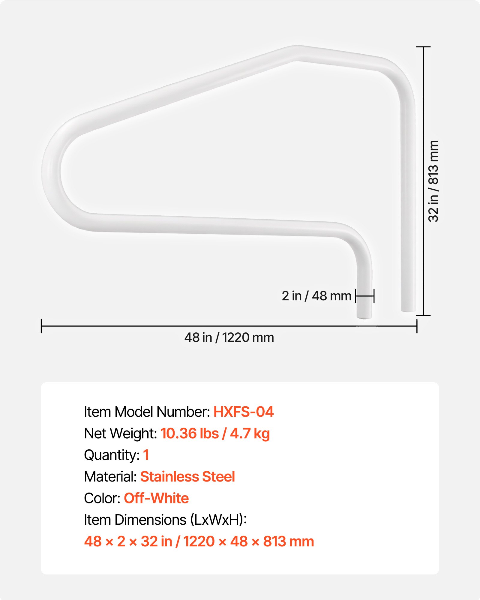 VEVOR Zwembadleuning, 1220x48x813 mm, draagvermogen 100 kg, roestvrijstalen handgreep, naadloos gelast, inbouwmontage, toegang tot zwembaden, waterparken en spa's.