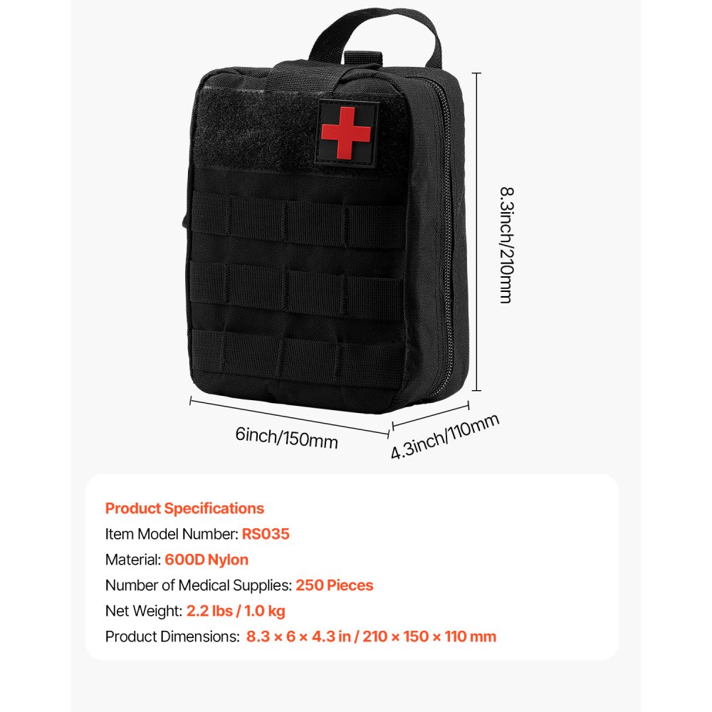 VEVOR Survival First Aid Kit, 250 Pieces, 600D Nylon Trauma First Aid Bag, Survival Gear and Equipment, Emergency Kits, for Men Women Camping, Boat, Earthquake, Hiking, Hunting, and Outdoor Adventure