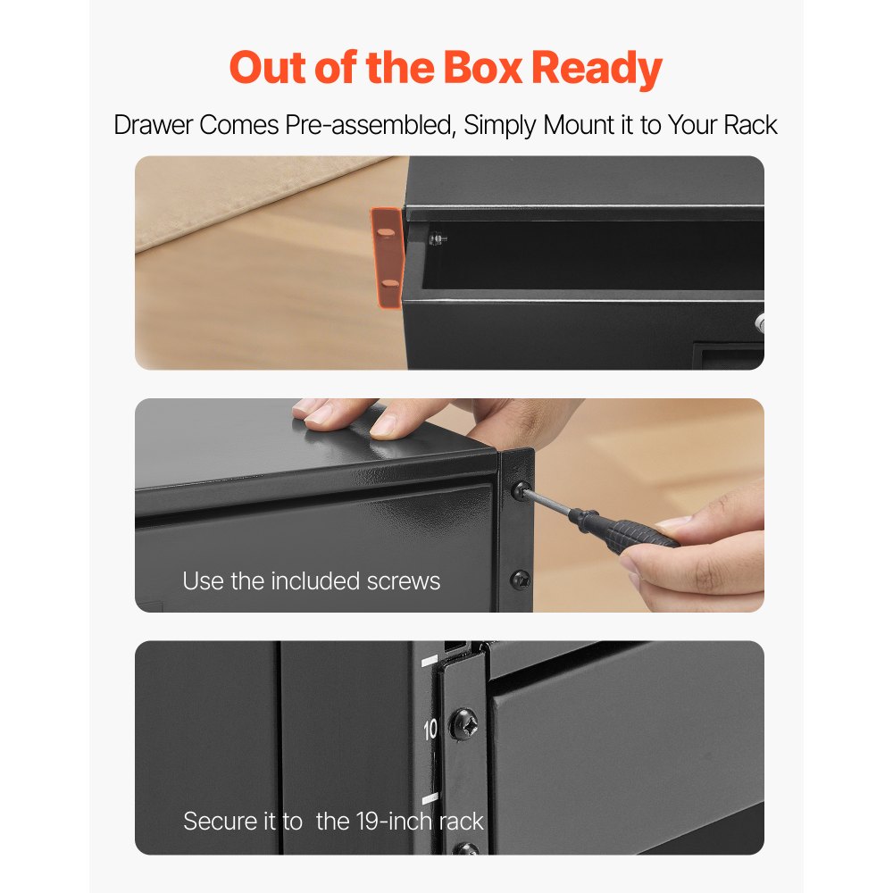 VEVOR 2U Rack Mount Drawer, 50 lbs Max Load-Bearing, Lockable Server Cabinet Case, Sliding Drawer with Lock and Cable Management Holes, for 19 in Network Equipment Server AV Rack or Cabinet Enclosure